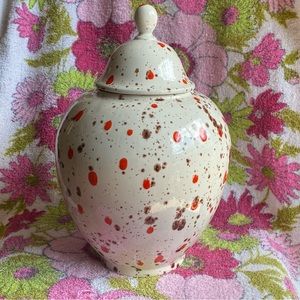 Vintage‎ 12” Pottery lidded jar beautiful speckled orange drip glaze MCM